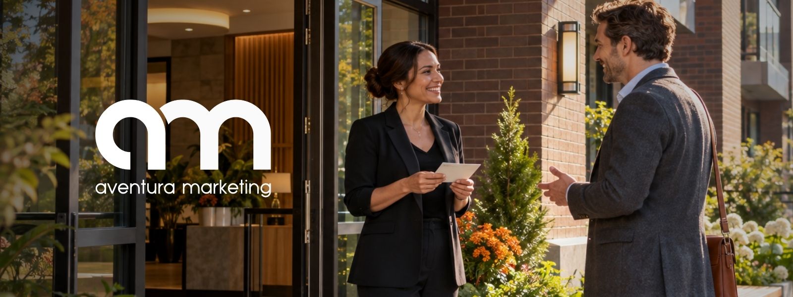 Aventura representative meeting a property manager outside an apartment building