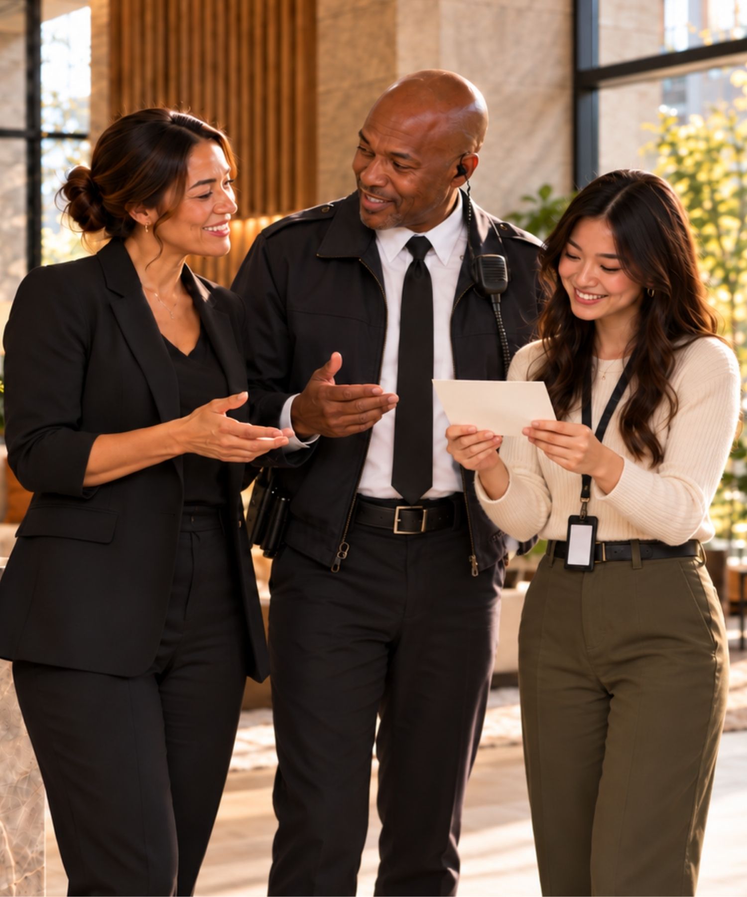 Property management and security staff reviewing a postcard