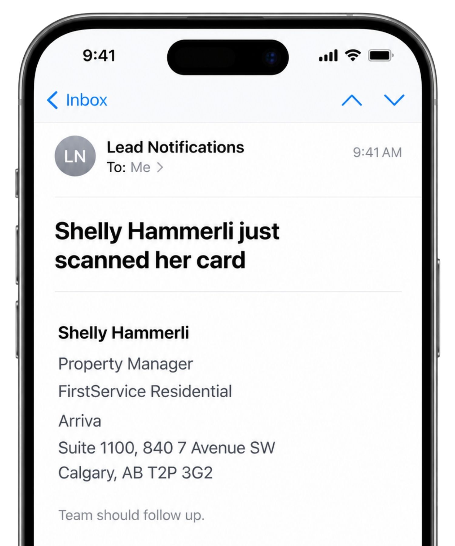 Example phone notification showing a postcard scan and property contact details