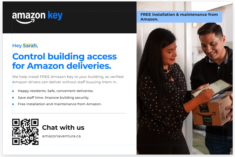Amazon Key postcard: Control building access for Amazon deliveries